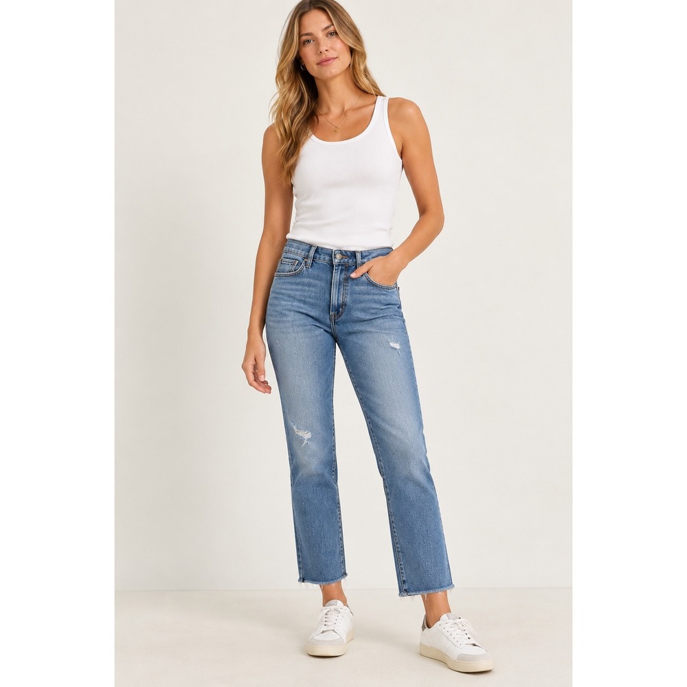 Evereve The Ever Straight High Rise Jeans Medium Wash Raw Hem 26 KP1021MA1E